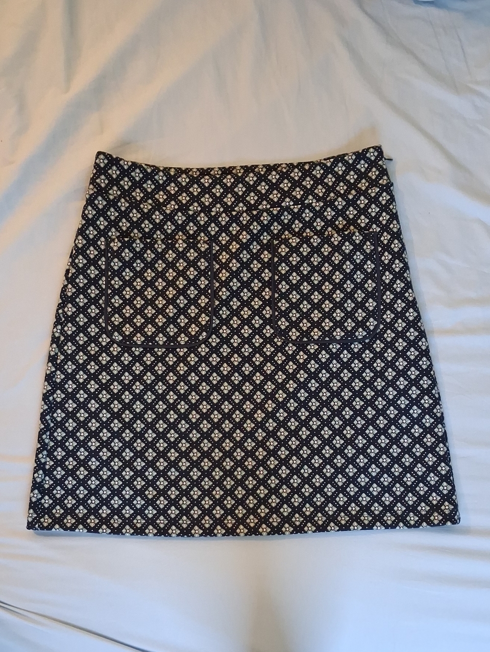 LOFT Navy Blue Tile-Print Midi Skirt with Front Pockets